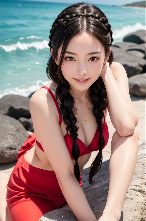 best quality, ultra hi res, photoreaslistic, a photography of a beautiful woman, 30yo teen age, detailed face, black Messy fishtail braid, Beach, (face close up), seductive look, looking at viewer, red bikini, sitting on the ground, happy smile