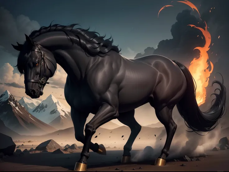 A large and powerful black horse, with eyes that gleam like fire. It has shiny black fur and a long tail. It has sharp horns on it head and a body as massive as a mountain.