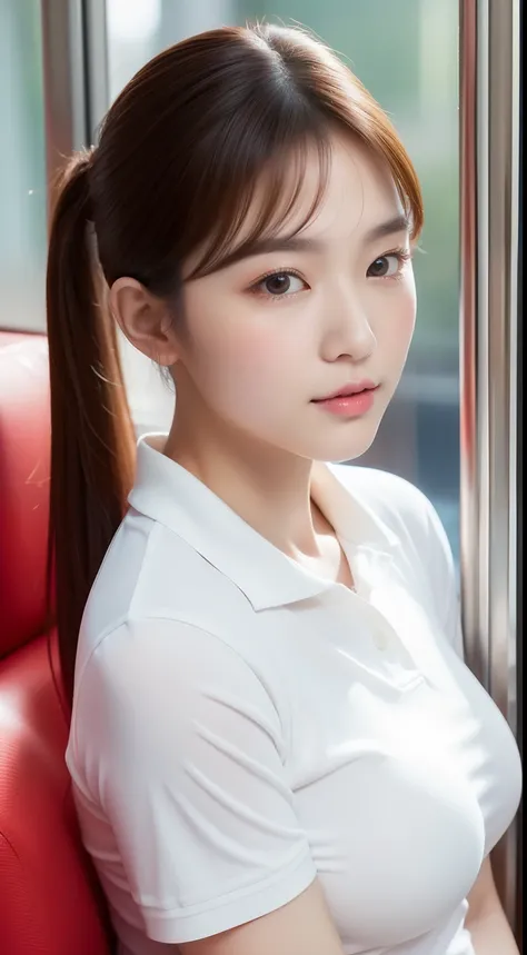 realistic photos of 1 cute Korean star, short ponytail, white skin, thin makeup, 32 inch breasts size, wearing polo shirt, in the train, upper body portrait, UHD