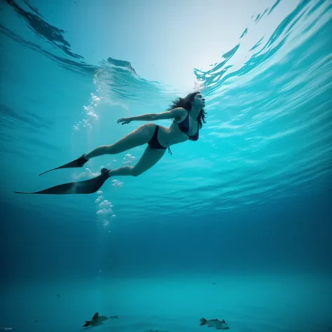 There is a woman swimming in the ocean with a blue background, Swimming underwater, swimming underwater, Nadar no oceano, swimming underwater, Nadar pelo oceano, swimming to surface, underwater shooting, floating under the water, deep underwater, Underwate...