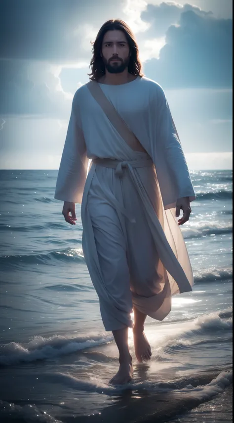 Jesus walking on water in a storm, gentle expression, streaks of light coming down from the sky, masterpiece, highest quality, high quality, highly detailed CG unit 8k wallpaper, award-winning photos, bokeh, depth of field, HDR, bloom, chromatic aberration...