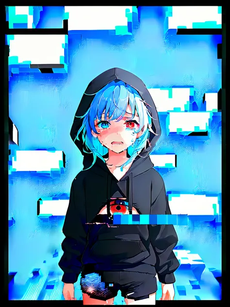 (one girls, About 10 years old, Straight in front, Blue hair, Long hair, Futuristic clothes, Black hoodie, Black shorts:1.2), (Heterochromic, Blue Eye, Red Eye:1.4), (widely opened eyes, is crying, Tears from the eyes:1.3), (Broken background, dark backgro...