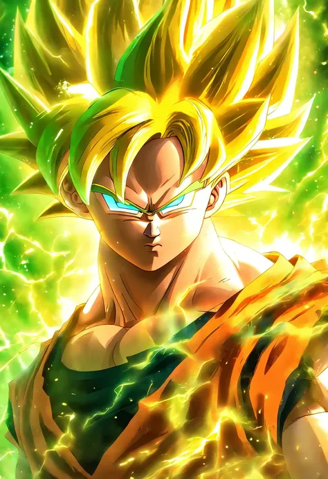 masterpiece,uhd,detailed,high quality,1 boy, son goku,dragon ball z anime, orange gi, blonde hair,super saiyan, green eyes