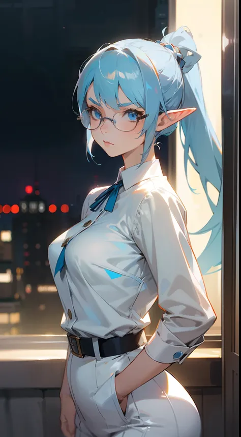 1woman,solo,40s,serious face,teacher outfit,white outfit,medium tits, light blue hair,bangs,ponytail hair,blue eyes, mature female,elves ears,glasses,standing in the window,night city