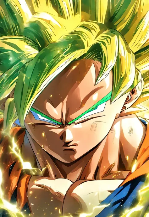 (((masterpiece,uhd,detailed,high quality,perfect face, perfect eyes)),1 boy, son goku,dragon ball z anime, orange gi, blonde hair,super saiyan, green eyes, detailed eyes, detailed face,