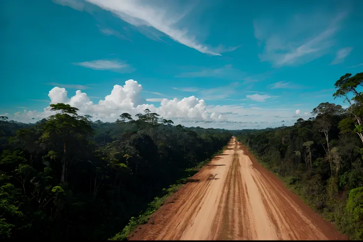 dirt road in the middle of a forest with a sky background, Viajando por longa estrada de terra, Longo Caminho, dirt road, road between tall trees, a estrada, amazon rainforest background, Imagem absolutamente excepcional, Tiro de um drone, fotografia de pa...