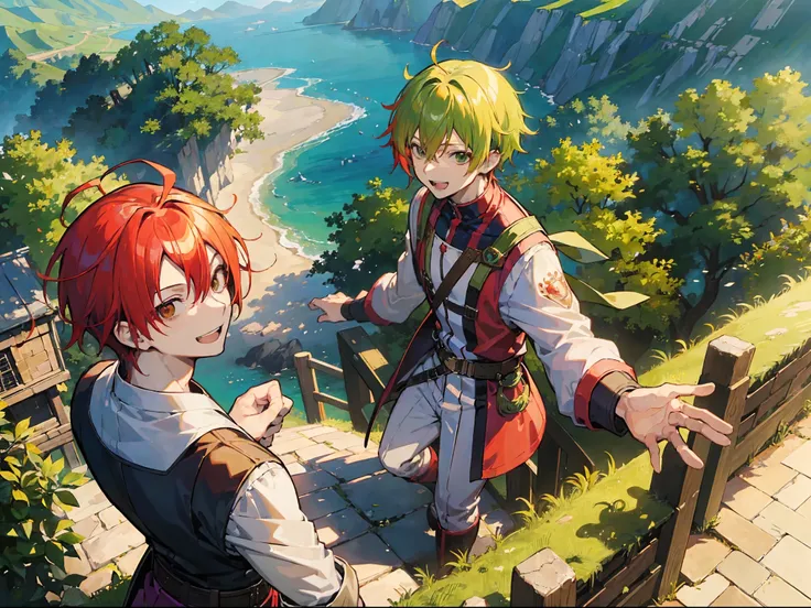 (masutepiece, Best Quality:1.2),(2male),(gay male),yaoi,2male smiling,opened mouth,male hair,wind,red hair male and green hair male,from above,scenery, unparalleled masterpiece ever, Dynamic lighting, Cinematic, epicd