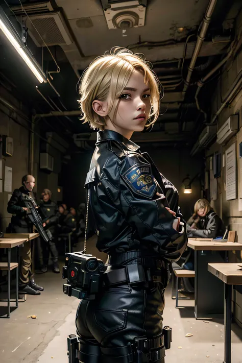 (masterpiece, best quality),1girl ,with Blonde hair,A-line haircut,body, Arms crossed behind the back pose, LED panel lights arranged in square formation to mimic existing indoor fixtures,A dystopian ghetto controlled by local gangs armed with hacked polic...