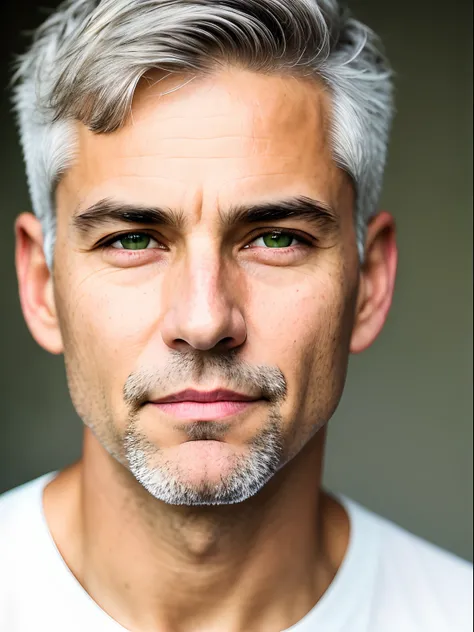 full frame, Close portrait, cute, male model, active White male, tan wrinkled skin, gray undercut hair, yellow-green eyes, (skin texture), skin pores, shallow depth of field, sharp eye focus, backlit