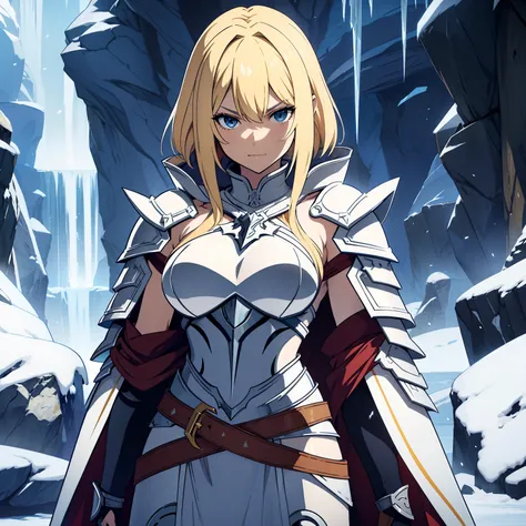 length hair、a blond、Glaring、sharp eye、Narrow-eyed、Luxurious cloak、Armor made of ice、skimpy armor、Thorny armor、Invincible laughter、large full breasts、Holding the Great Sword、