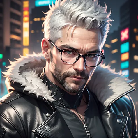 Realistic portrait, perfect coloring, vivid and real colors, a robust 40-year-old man with short white hair, wearing round glasses cyberpunk style and wearing black leather jacket with silver details, futuristic and beautiful style, perfect, muscular man, ...