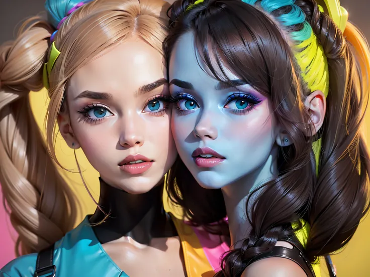 arte minimalista close-up do rosto de uma mulher em estilo trash e pop futurista,  emphasis bold and lush neon colors, Facial features of the woman with simple geometric lines and shapes, exuberante e extravagante, paleta de cores tons brilhantes de rosa, ...