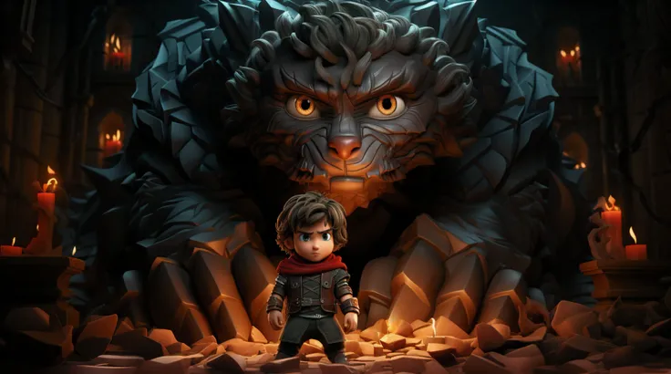 There is a boy standing in front of a giant monster, small character. Motor Unreal 5, Arte digital detallado 4K, Arte digital 4K altamente detallado, epic fantasy digital art style, 3 d epic illustrations, Arte renderizado, Arte clave, epic digital art ill...