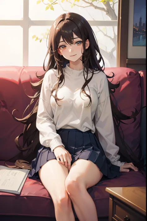 Masterpiece Beautiful calm complex portrait of a very realistic anime girl, Narrow eyes with messy wavy hair are shy and smile well, wearing casual clothing, a short skirt, white thighhig,Relax on the sofa, Detailed face and eye soft focus, Brown detailed ...