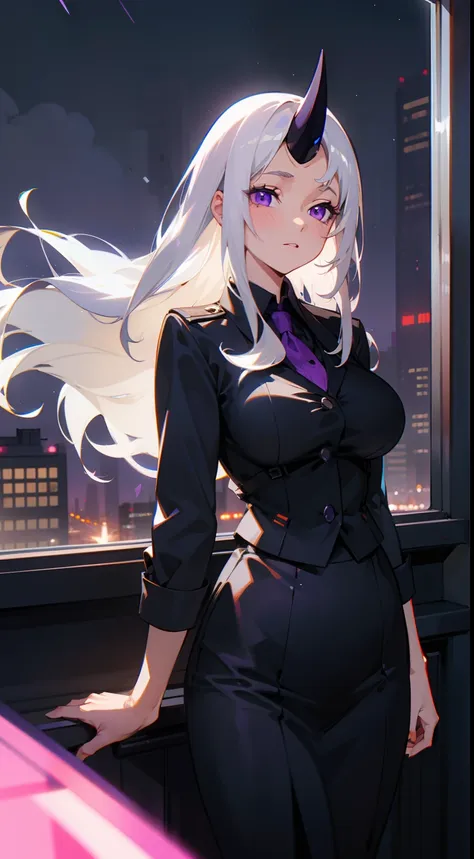 1woman,solo,40s,neutral face,teacher outfit,medium tits, white hair,long hair,purple eyes,horn,standing in the window,night city