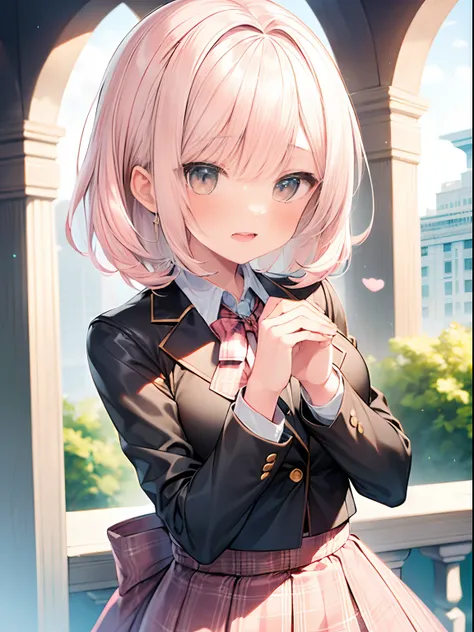 best quality, masterpiece, absurdres, highres, pastel color, soft colors, BREAK (1girl:2), kawaii, happysmile, (short shaggy perm hair:1.6), (light pink hair:1.5), upper body, fancy, fancy, fancy, (school uniform blazer collared shirt plaid skirt with pett...