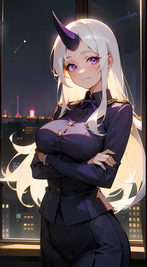 1woman,solo,40s,happy face,teacher outfit,medium tits, white hair,long hair,purple eyes,horn,standing in the window,night city