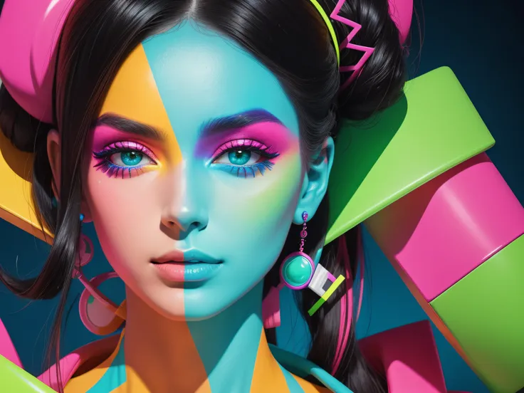 arte minimalista close-up do rosto de uma mulher em estilo 'trash' e pop futurista,  emphasis bold and lush neon colors, facial ...