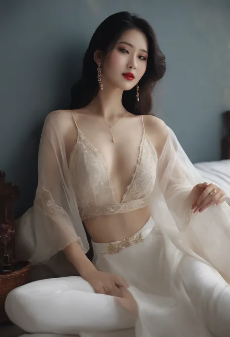 ((top-quality、in 8K、​masterpiece:1.3))、Beautuful Women、Hide your face、1girl in、beutiful breast:1.3、Slender Abs:1.1、Camisole、cleavage of the breast、Long Black Hair、(While sitting on the bed)、hyperdetailed face、very detailed lips、A detailed eye、二重まぶた、Beautif...