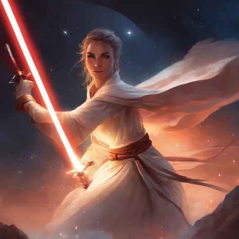 Mulher em um manto segurando um sabre de luz em um quarto escuro, segurando sabre de luz 4 k, Jedi Feminino, rei, Jedi com sabre de luz, com espada de sabre de luz, Personagem de Star Wars, sem sabre de luz, segurando um sabre de luz, com sabre de luz, Pap...