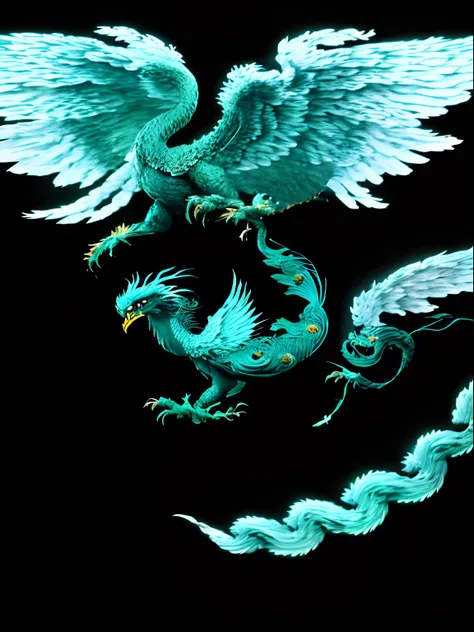 Picture of dragon statue on black background, Gryphon-like style, Gryphon, Album art, griffin, A phoenix, cyan chinese dragon fantasy, Black lion with peacock wings, quetzalcoatl, flying mythical beasts, quetzal, Pegasus, album covers, unknown zodiac sign,...