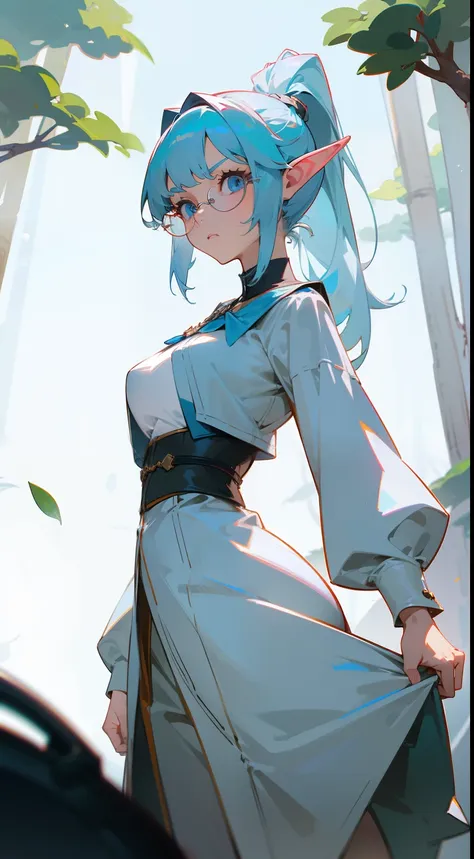 1woman,solo,40s,serious face,teacher outfit,white outfit,medium tits, light blue hair,bangs,ponytail hair,blue eyes, mature female,elves ears,glasses,mouth open, standing in front of a forest