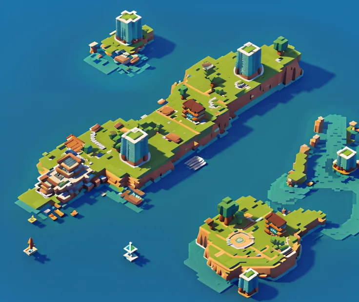 Blue sea background、SimCity map rendered in Cinema 4D、Green island with small town and road々、Minecraft、isometric、Top-down flat view、.3D Maps、game architecture design、comic strip、3D、blender、​masterpiece、ultra-detailliert、top-quality、