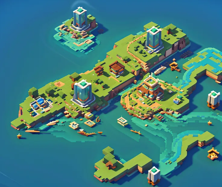 blue sea background、simcity map rendered in cinema 4d、green island with small town and road々、minecraft、isometric、top-down flat v...