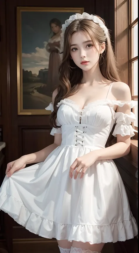 （8K， RAW photos， best qualtiy， tmasterpiece：1.2），（realisticlying， photograph realistic：1.4)
(Lolita costume)，Lace， Aerith Gainsborough， The upper part of the body， undergarments，exposed bare shoulders， do lado de fora， Old castle，Brown hair， high high qual...