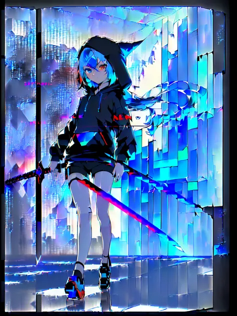 (one girls, About 10 years old, Straight in front, Blue hair, Long hair, Futuristic clothes, Black hoodie, Black shorts:1.2), (holds a sword, Walking:1.3), (Heterochromic, Blue Eye, Red Eye:1.4), (deadpan, Eyes without light, a closed mouth:1.3),(Broken ba...