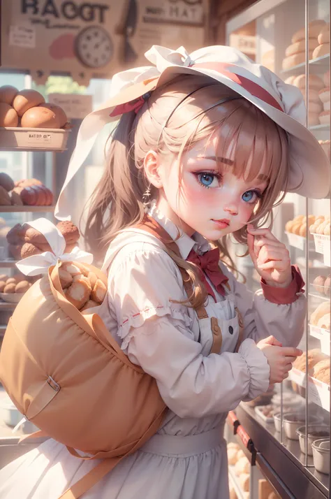 bit girl, baker shop, and the sun was shining brightly, the detail， 4K， k hd， high high quality.