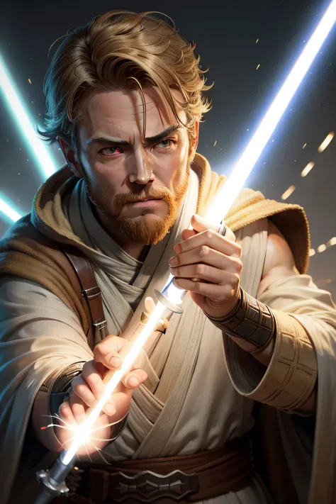 Obi-Wan Kenobi com sabre de luz em cima de uma nave