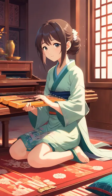 Full body, Very young girl sitting on carpet doing guzheng，Oriental face，with highly-detailed facial features and cartoon-style visuals。