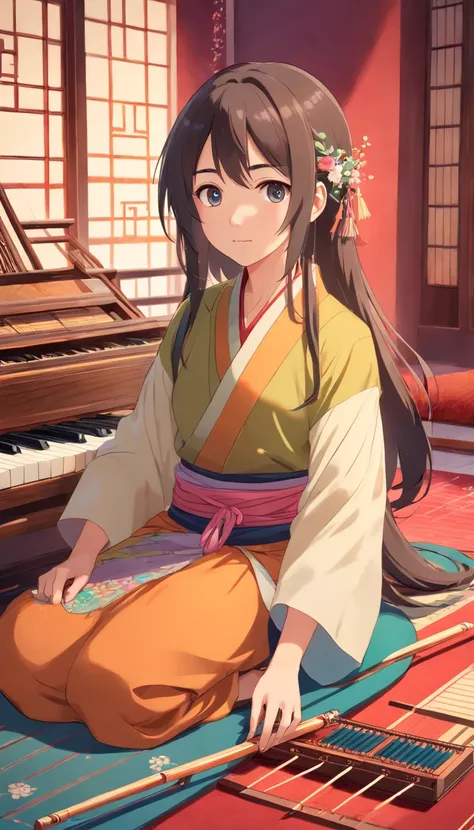 Full body, Very young girl sitting on carpet doing guzheng，Oriental face，with highly-detailed facial features and cartoon-style visuals。