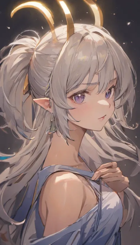 arknights, streaked hair, silver hair, ponytail, antlers, star-shaped pupils, mole under eye, pointy ears, hoop earrings, glasgow smile, anime style, chiaroscuro, character chart, tachi-e, three sided view, high details, high quality, highres