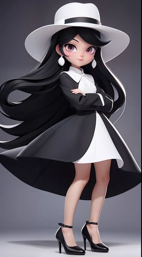 Lady ,long black hair,wearing white hat,black formal dress,black shoes,rich girl,white skin,pink knees,cartoon