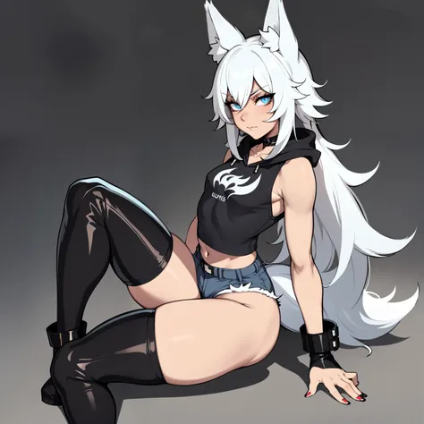 Single boy, Anime Femboy, Short, Long white hair, wolf ears, wolf tail, blue eyes, wearing jean short shorts, thigh high socks, black combat boots, wearing cropped black hoodie, flat chest, super flat chest, solo femboy, only one femboy ((FLAT CHEST)), wid...