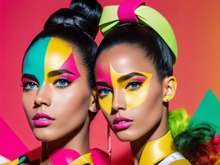 arte minimalista close-up do rosto de uma mulher em estilo trash e pop futurista, Facial features of the woman with simple geometric lines and shapes, exuberante e extravagante, emphasis on vibrant color palette and contrasting pop style, com tons ousados ...