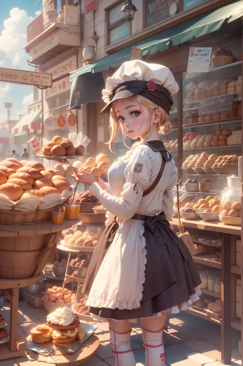 bit girl, baker shop, and the sun was shining brightly, the detail， 4K， k hd， high high quality.