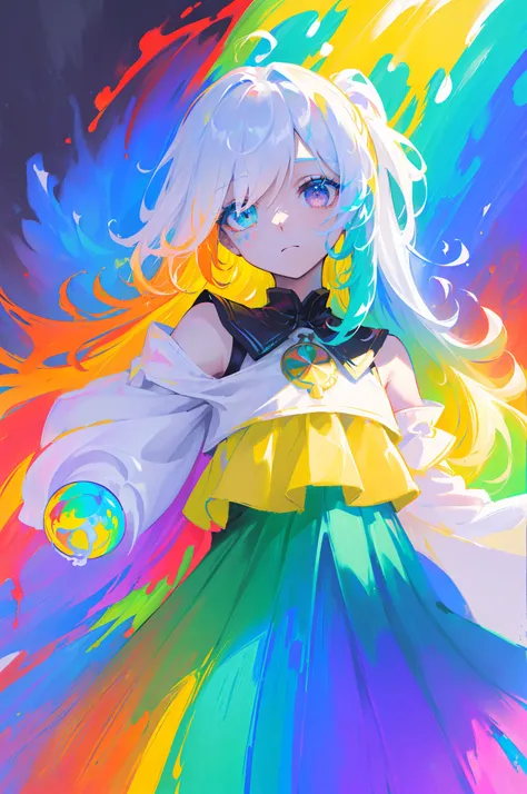 (Colorful hair: 1.8), (all colors of the rainbow: 1.8),(((((Vertical painting：1.6))), （Painting：1.6），Front, Comics, Illustrations, painting of a, largeeyes, Crystal clear eyes,（ rainbow color gradient high ponytail：1.7）, Exquisite makeup, Closed mouth,(Sma...