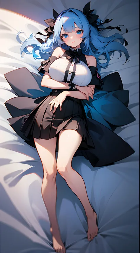 1 girl, game CG, white shirt, shoulders visible, short skirt, string hair ribbon, gigantic breasts, light blue hair, middle hair, two side up, blue eyes, dakimakura, full body,