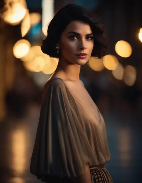 cute young woman, Short black hair, Brown eyes, empress,Pleated skirt dress,Street Lighting,Neon,Bustling street background,(navel:1.1,princess eyes), upper class, Royal style family, High Quality, masterpiece, high-detail