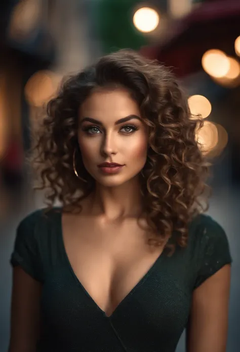 (sharp focus:1.2), photo, attractive young woman, (beautiful face:1.1), detailed eyes, luscious lips, (cat eye makeup:0.85), (large eyes:1.0), (toned body:1.2), (curly hair:1.2), (big booty:1.4), wearing (romper:1.2) on a (street:1.2). (moody lighting:1.2)...