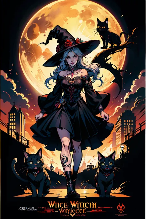 tattoo convention poster with a tattooed witch with black dress and witch hat, com cabelos brancos, um gato preto ao lado e uma ...