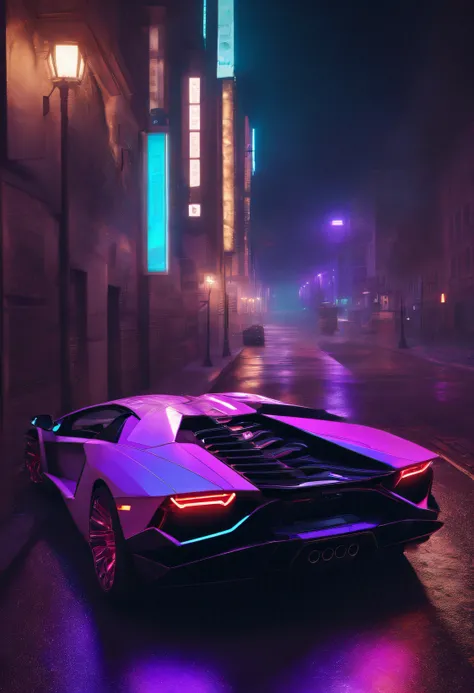 retroonda. cidade,Lamborghini Aventador, Kit de Corpo Largo, caminho, PURPLE NEON MONITOR LIGHT, sol, montanha, (master part, circunstanciado, A high resolution),Octano. trending on ArtStation, estilo cyberpunk ， hiper-realista, Estilo Lamborghini Ousado, ...