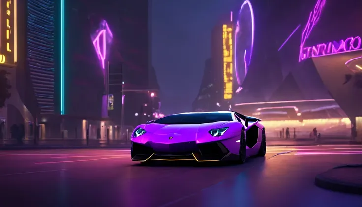 retroonda. cidade,Lamborghini Aventador, Kit de Corpo Largo, caminho, PURPLE NEON MONITOR LIGHT, sol, montanha, (master part, circunstanciado, A high resolution),Octano. trending on ArtStation, estilo cyberpunk ， hiper-realista, Estilo Lamborghini Ousado, ...