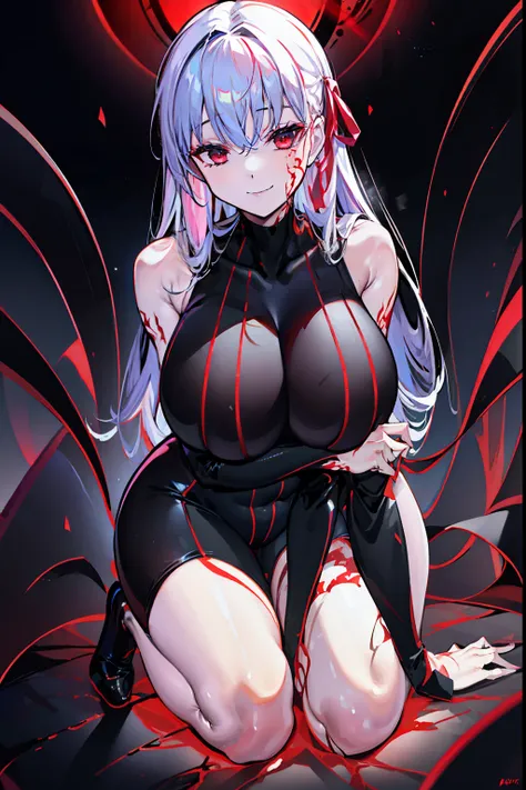 Black full body suit　huge tit　Big ass　seductiv　a smile　Obscene lines　Whip thighs　succubus　Red lines all over the body　Support your chest with your arms