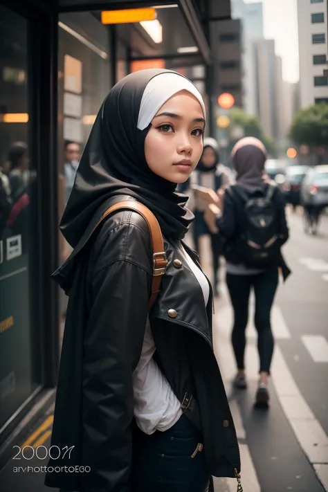 Photograph a Malay girl in hijab as she navigates the urban jungle, confidently commuting to work or school, showcasing her modern lifestyle in the heart of the city.