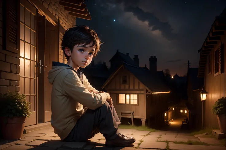 Boy child sitting in a village at night with a his starred in cgi best quality in masterpiece hd: