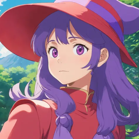 A close-up of a person wearing a red hat and purple outfit, Ghibli Moebius, estilo de Hayao Miyazaki, Estilo en el anime Ghibli, Estilo en estilo anime ghibli, por miyazaki, Miyazaki Film, Ghibli animated film, Hayao MiyazakiFilms of, miyazaki movie, high ...